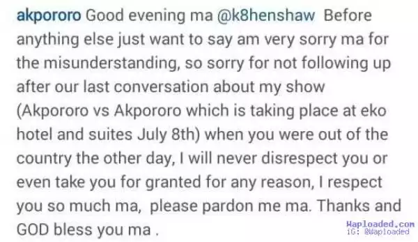 Akpororo apologizes to Kate Henshaw for using her image & name to promote his show without consent